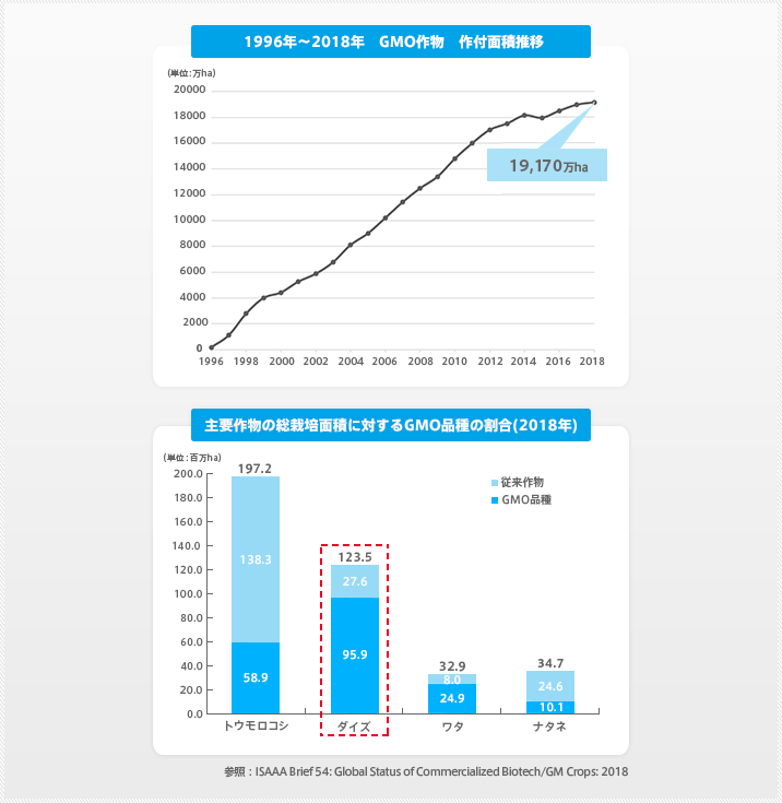 図：増加する遺伝子組換え（GMO作物